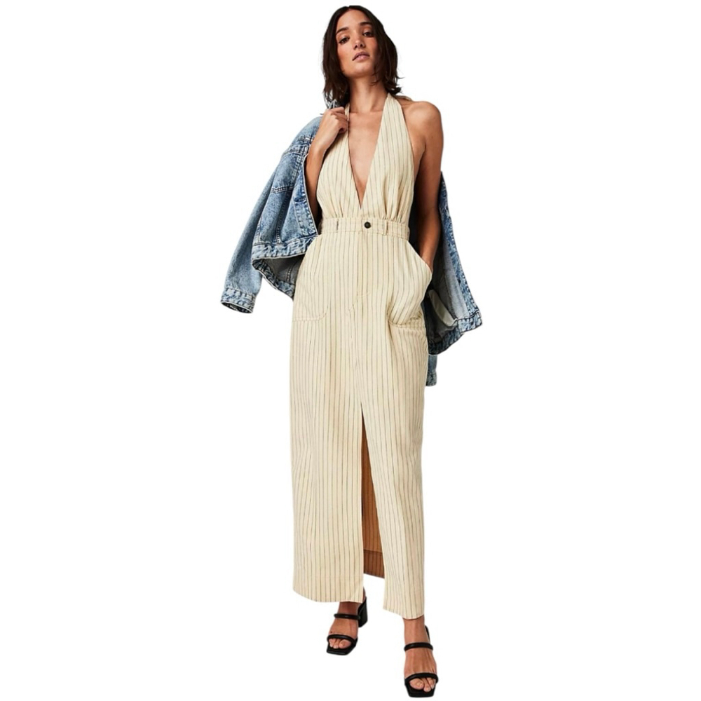 Free People One Striped Halter Maxi Dress Beige/Green Size See Notes‎ NWOT